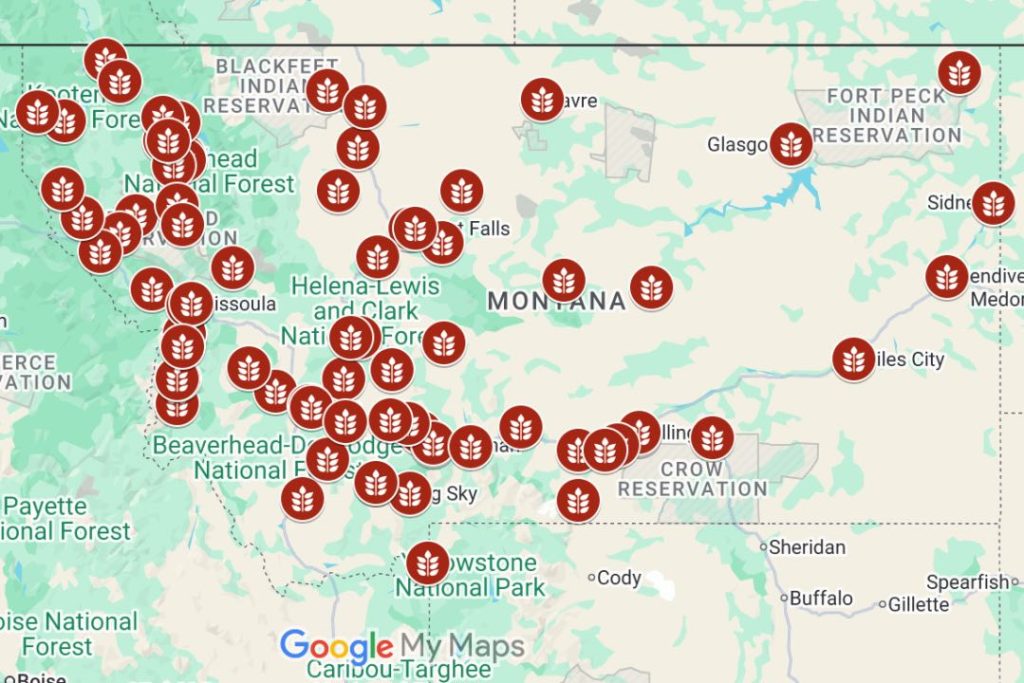 Map of Montana with red pins showing where farmers markets are located.
