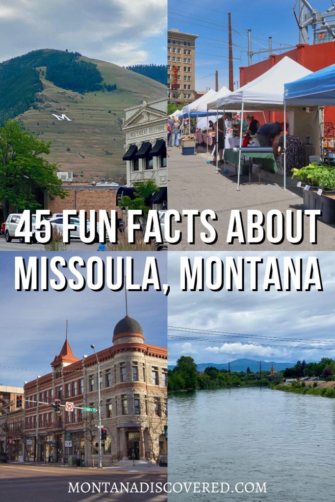 A graphic with four quadrants showing a white m on the side of a hill, stands at a farmers market, a historic stone building, and a river flowing through a lush valley. In the center is white text saying "45 fun facts about missoula, montana".