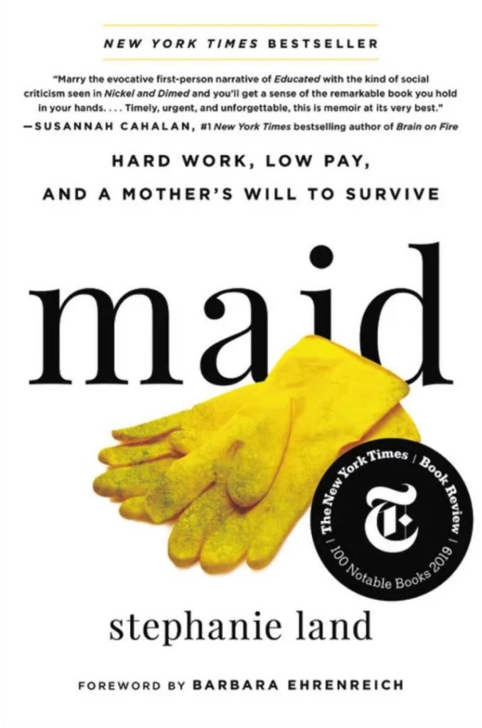 Cover of the book "Maid" by Stephanie Land with a pair of yellow cleaning gloves on it.