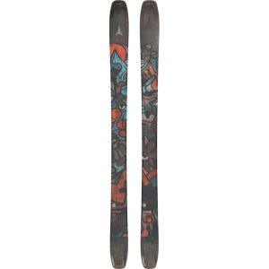 A pair of black skis with red and orange graphic on the top.