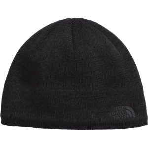 A black beanie hat with black embroidering saying "The North Face".