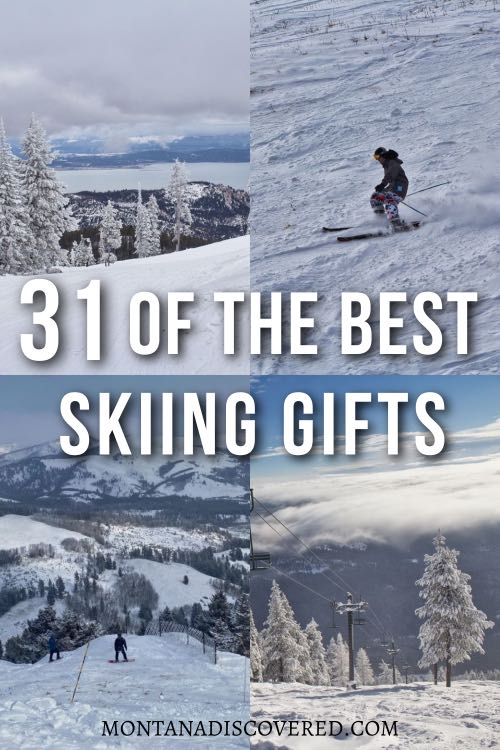 A four panel graphic with white text in the center saying "31 of the best skiing gifts. The four panels all show a ski slope.
