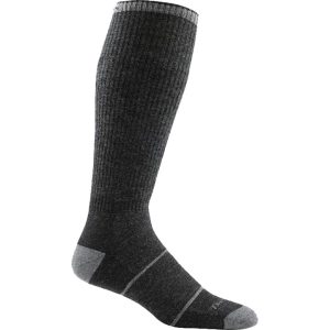 A black knee-high sock with grey toes and heel.