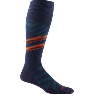 A blue knee-length sock with orange accents.