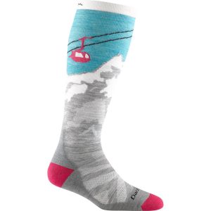 Grey knee length sock with gondola and ski slope design.