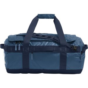 A blue duffel bag with carrying strap.
