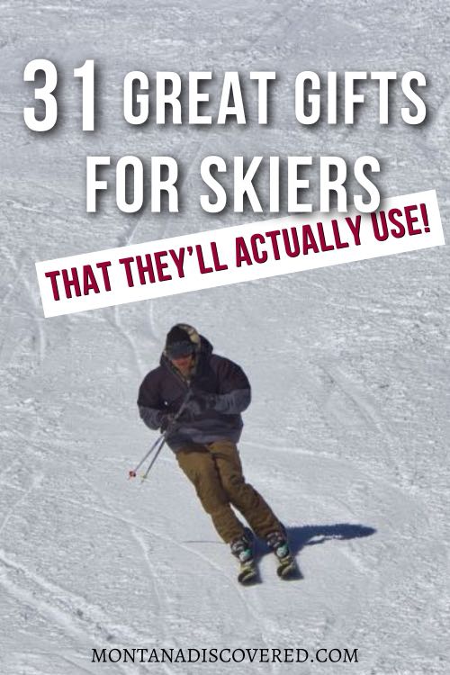 A graphic of a man in brown pants skiing with white text above him saying "31 great gifts for skiers" and in red text "that they'll actually use".