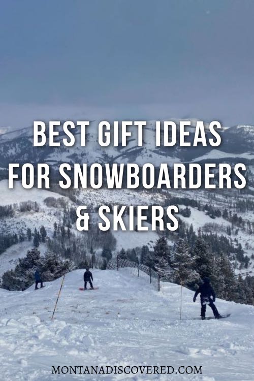 A graphic of snowboarders on a crusty hill with white text saying "best gift ideas for snowboarders and skiers".