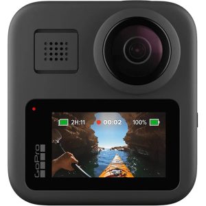 A black GoPro action camera with an LCD screen beneath the lens.