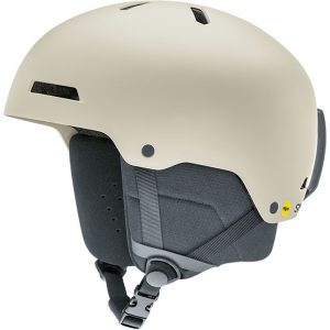 A cream colored ski helmet.