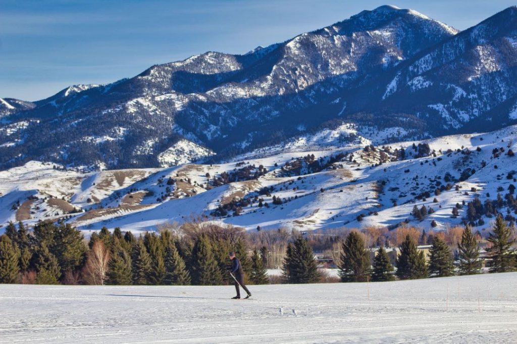A person is nordic skiing on a flat plain beneath a large mountain range.