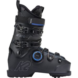 A black ski boot with a cable tightening system on the lower section.