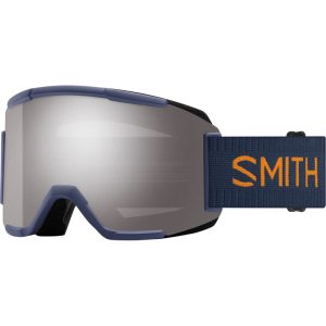 A pair of blue framed ski goggles.