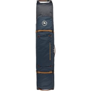 A navy ski bag with brown straps.