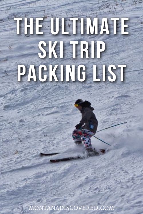 A graphic with a man is skiing down a steep slope. White text over it says "The Ultimate Ski Trip Packing List".