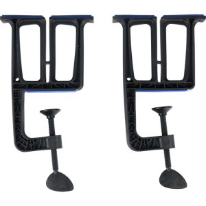 A pair of black snowboard vises.