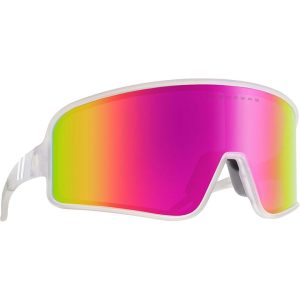 White sunglasses with ski goggle-like frames and multi-colored fade lens.