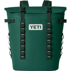 A green soft-sided cooler bag that says "Yeti" in silver.